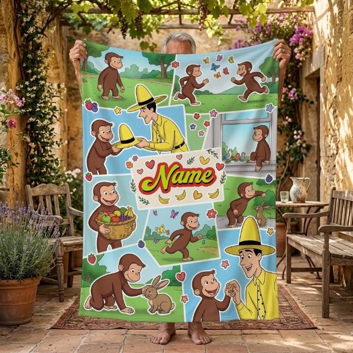 Personalized Curious George Blanket, Custom Name Animal Friends Monkey Throw, Kids Photo Collage Blanket, Birthday Gift Boys Girls