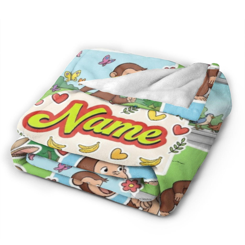 Personalized Curious George Blanket, Custom Name Animal Friends Monkey Throw, Kids Photo Collage Blanket, Birthday Gift Boys Girls