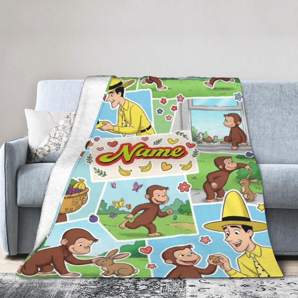 Personalized Curious George Blanket, Custom Name Animal Friends Monkey Throw, Kids Photo Collage Blanket, Birthday Gift Boys Girls