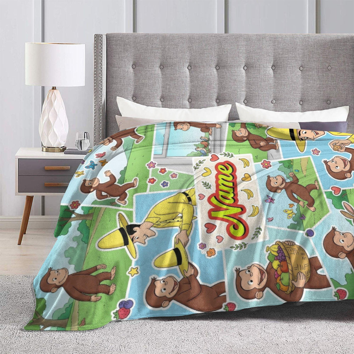 Personalized Curious George Blanket, Custom Name Animal Friends Monkey Throw, Kids Photo Collage Blanket, Birthday Gift Boys Girls