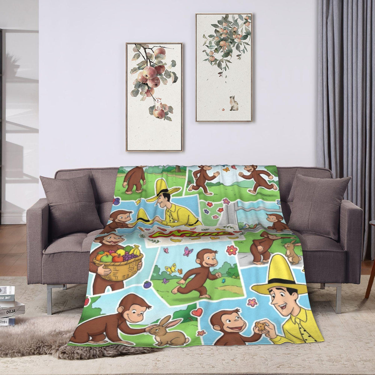 Personalized Curious George Blanket, Custom Name Animal Friends Monkey Throw, Kids Photo Collage Blanket, Birthday Gift Boys Girls