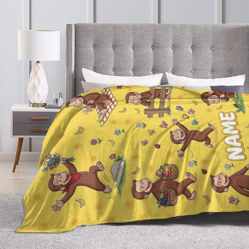 Personalized Curious George Blanket, Custom Name Sunshine Monkey Throw, Kids Garden Picnic Blanket, Birthday Gift for Boys and Girls