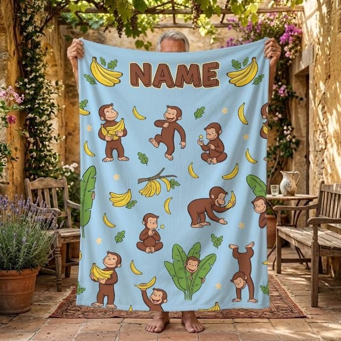 Custom Name Curious George Blanket, Sky Blue Banana Monkey Throw, Personalized Playful Kids Blanket, Gift for Boys and Girls