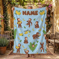 Custom Name Curious George Blanket, Sky Blue Banana Monkey Throw, Personalized Playful Kids Blanket, Gift for Boys and Girls
