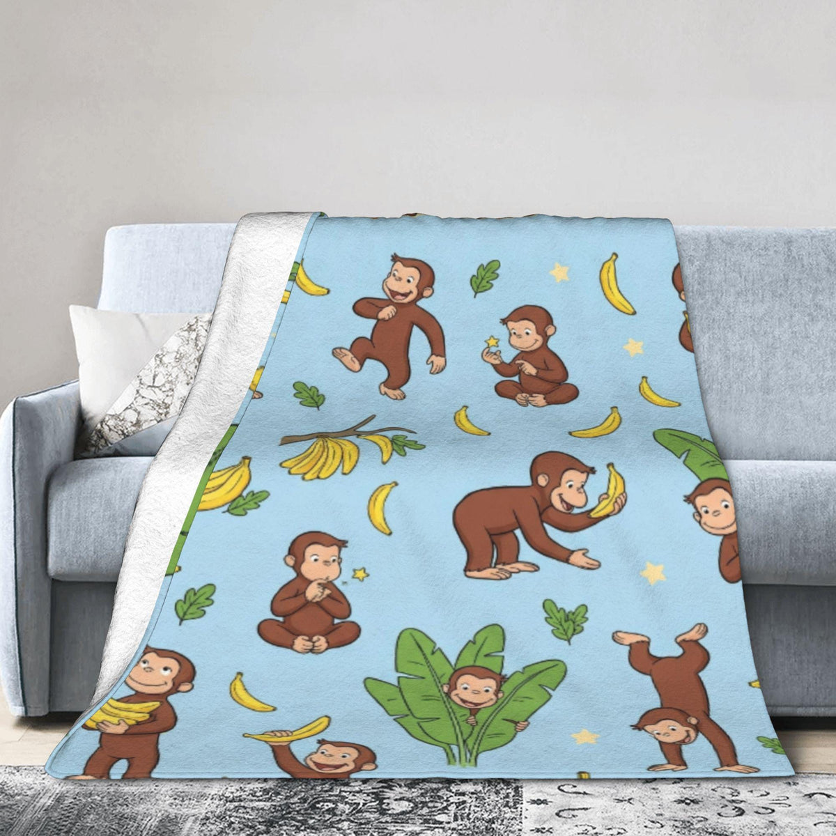 Custom Name Curious George Blanket, Sky Blue Banana Monkey Throw, Personalized Playful Kids Blanket, Gift for Boys and Girls