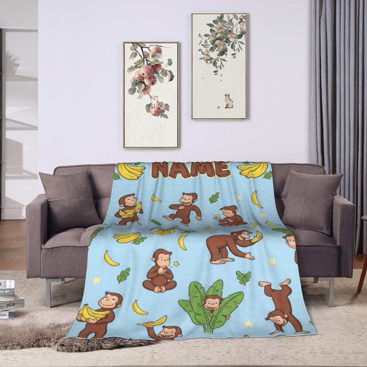 Custom Name Curious George Blanket, Sky Blue Banana Monkey Throw, Personalized Playful Kids Blanket, Gift for Boys and Girls