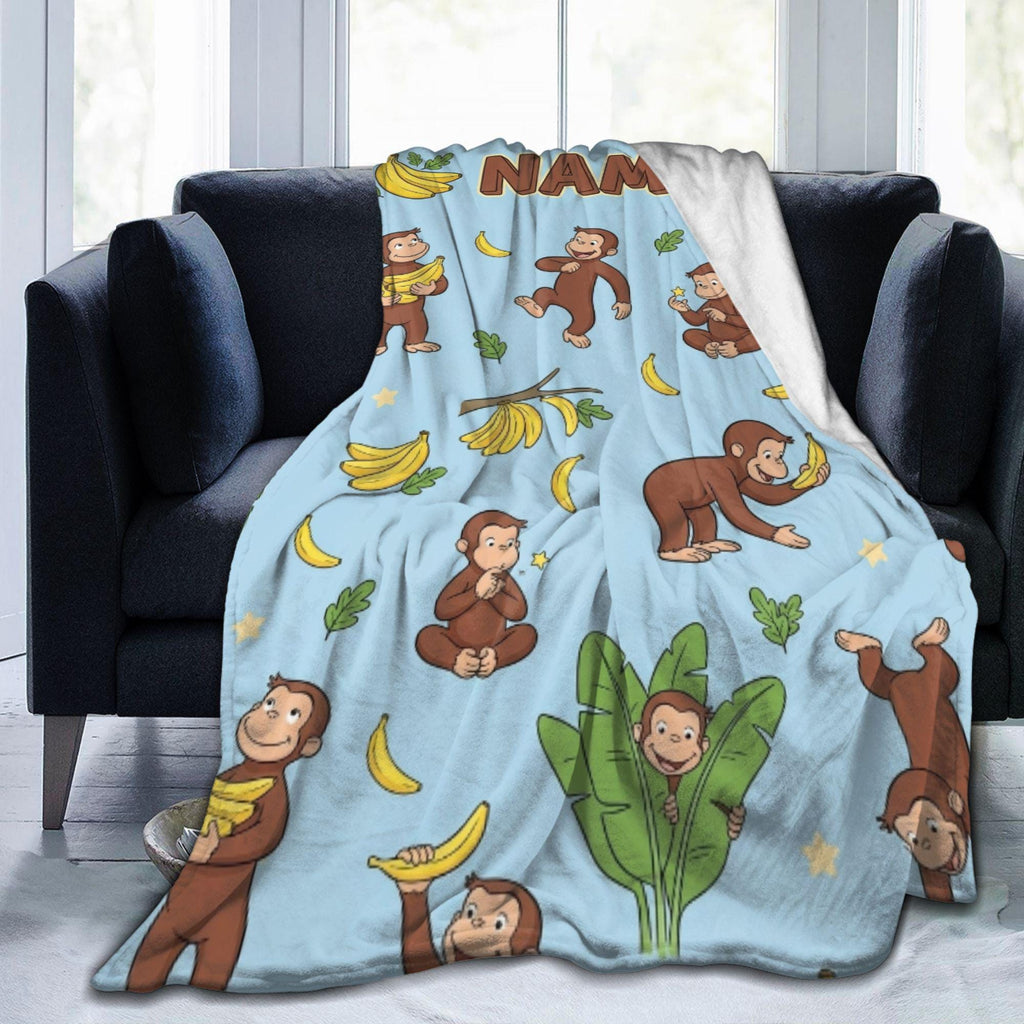 Custom Name Curious George Blanket, Sky Blue Banana Monkey Throw, Personalized Playful Kids Blanket, Gift for Boys and Girls