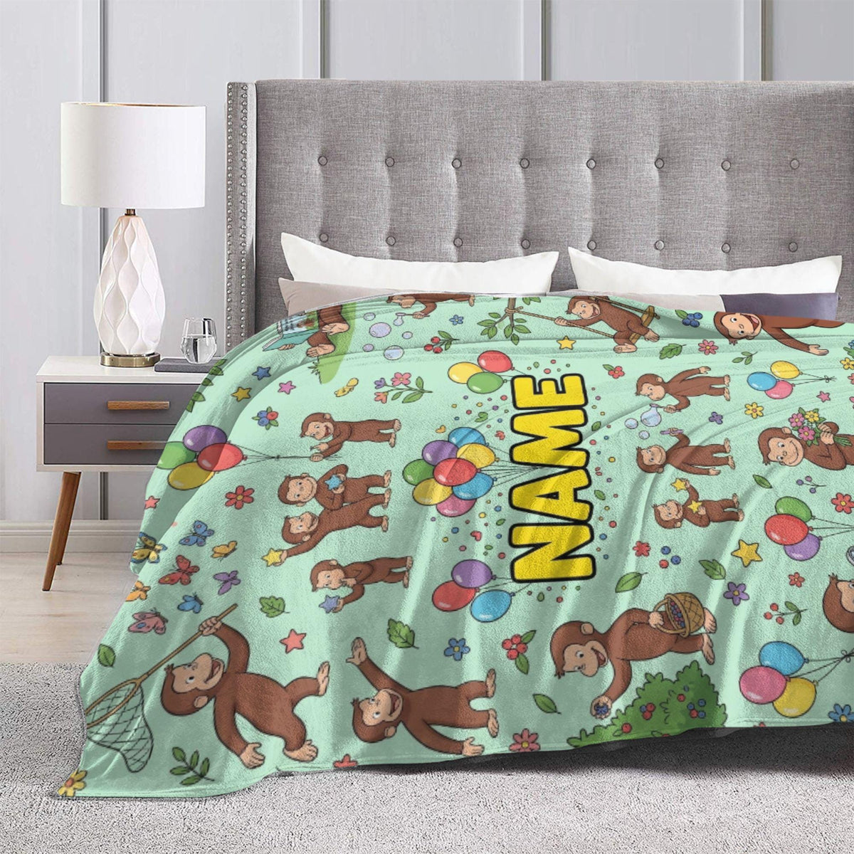 Personalized Curious George Forest Blanket, Custom Name Nature Explorer Monkey Throw, Kids Green Blanket, Birthday Gift Boys Girls