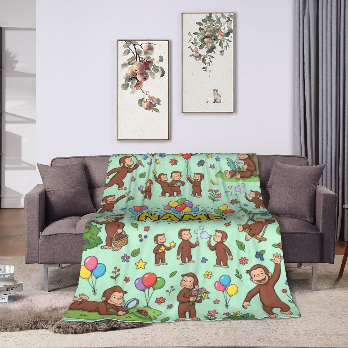 Personalized Curious George Forest Blanket, Custom Name Nature Explorer Monkey Throw, Kids Green Blanket, Birthday Gift Boys Girls