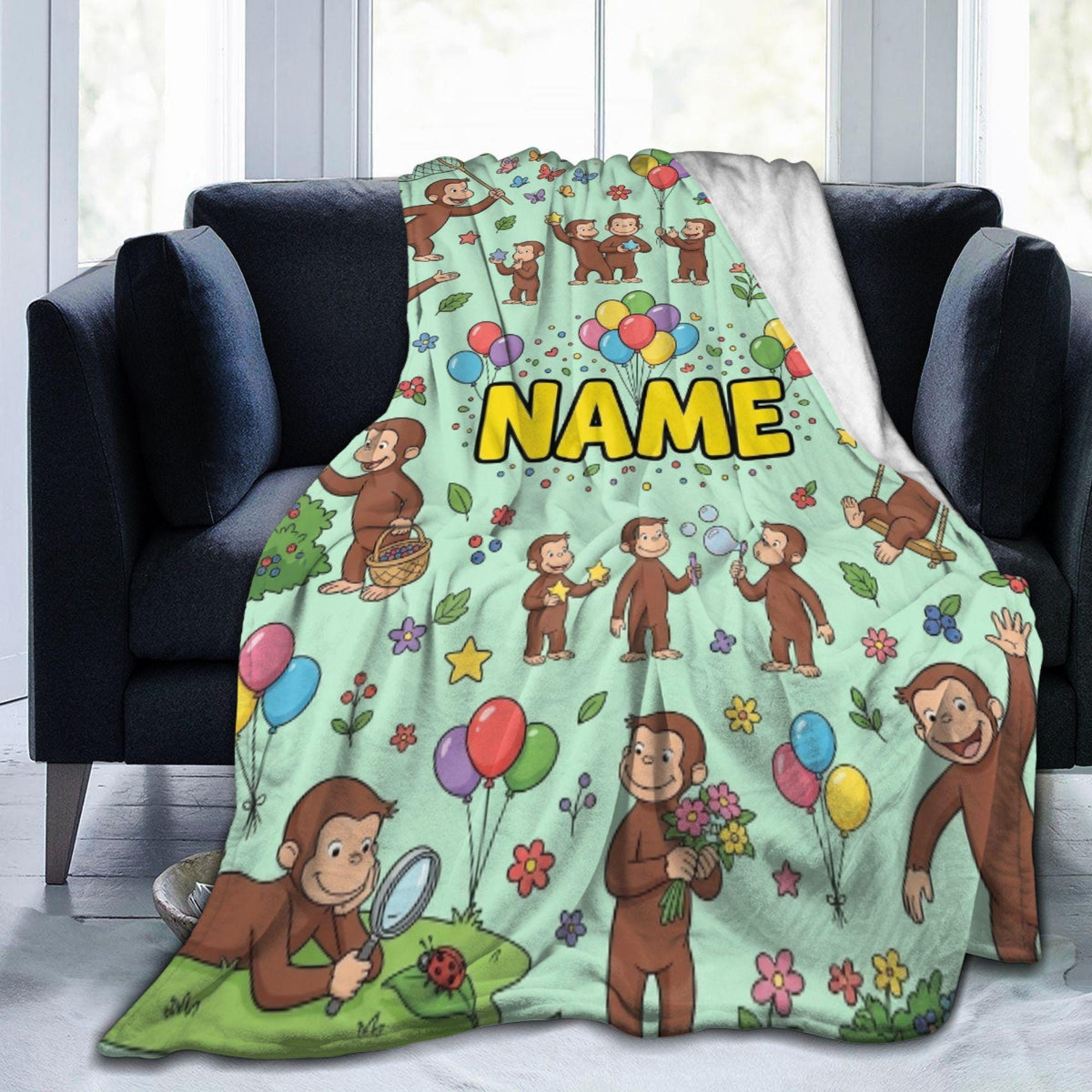 Personalized Curious George Forest Blanket, Custom Name Nature Explorer Monkey Throw, Kids Green Blanket, Birthday Gift Boys Girls