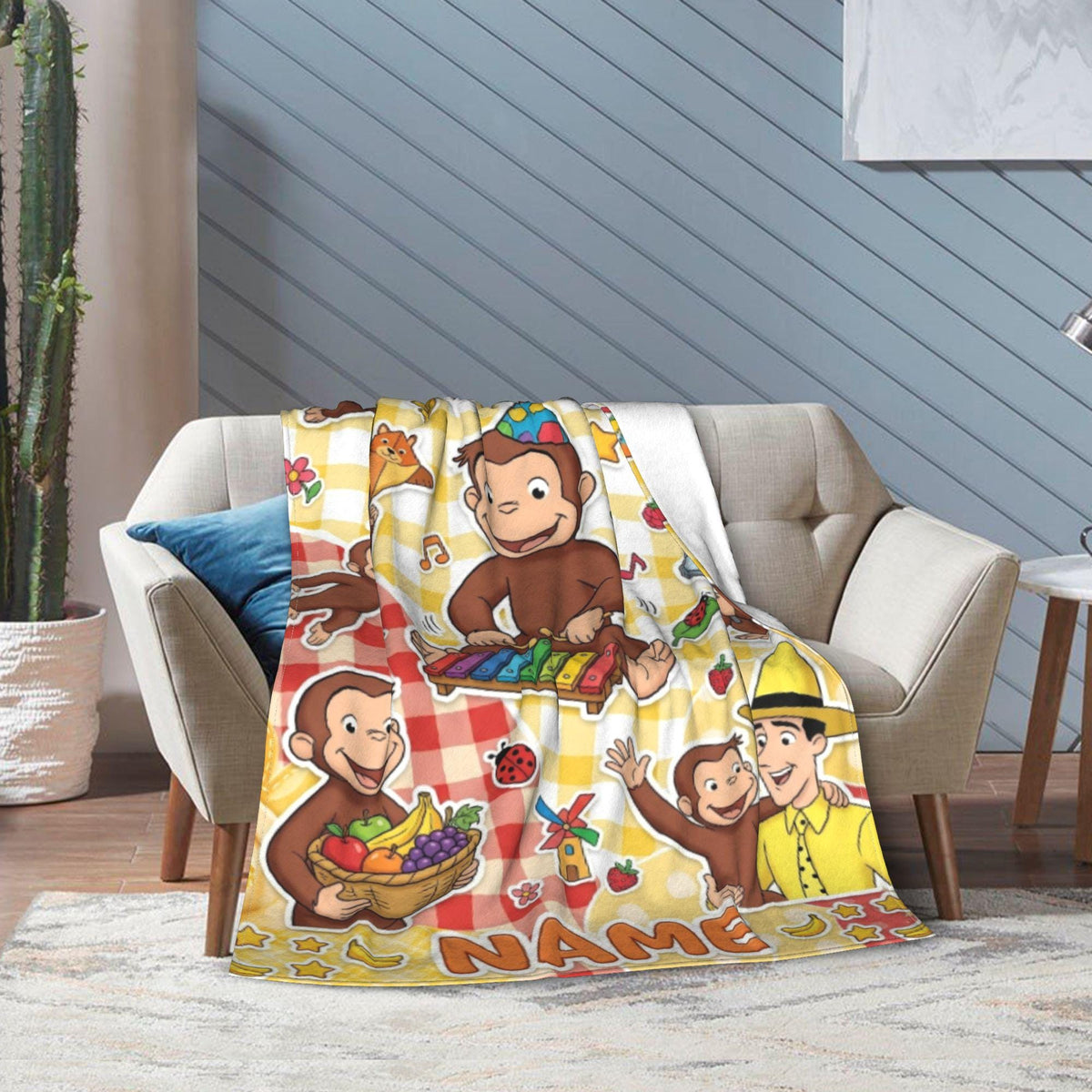 Personalized Curious George Monkey Blanket, Custom Name Music Party Throw