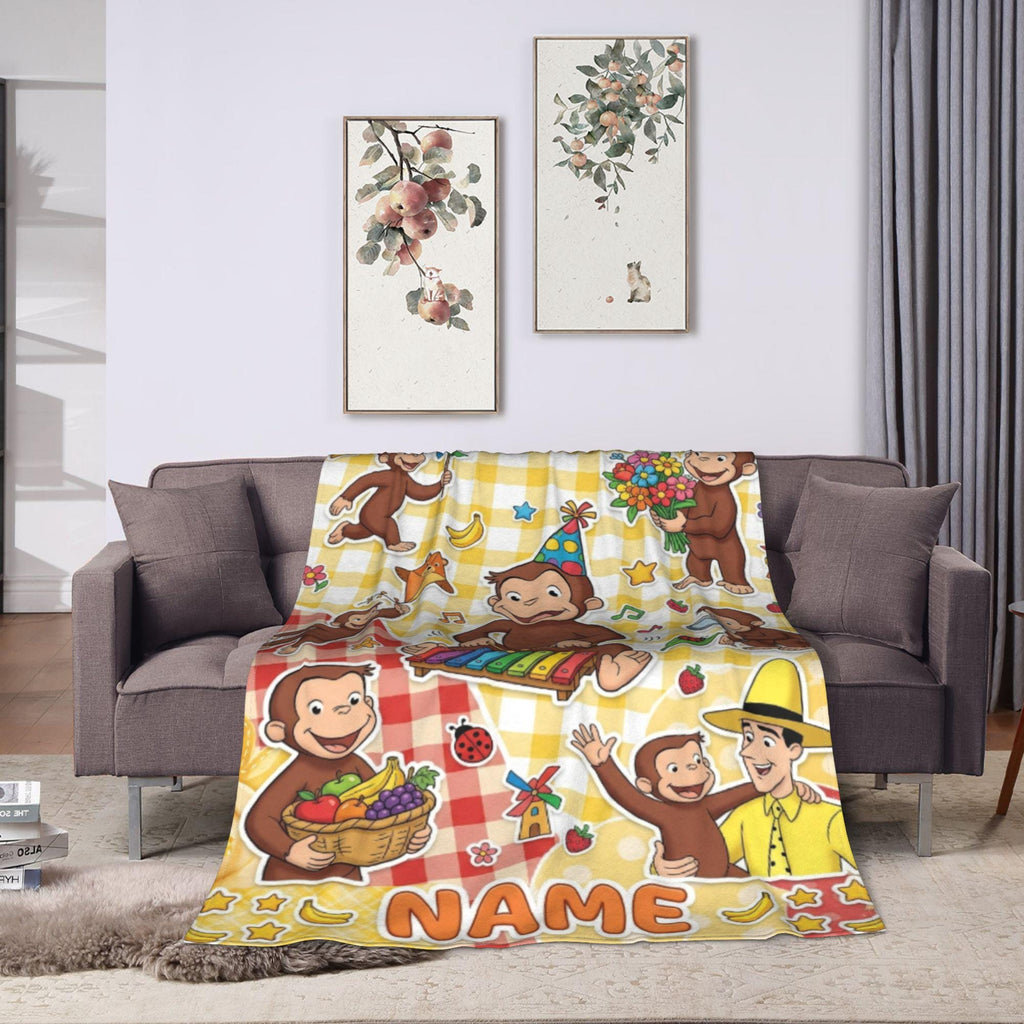 Personalized Curious George Monkey Blanket, Custom Name Music Party Throw