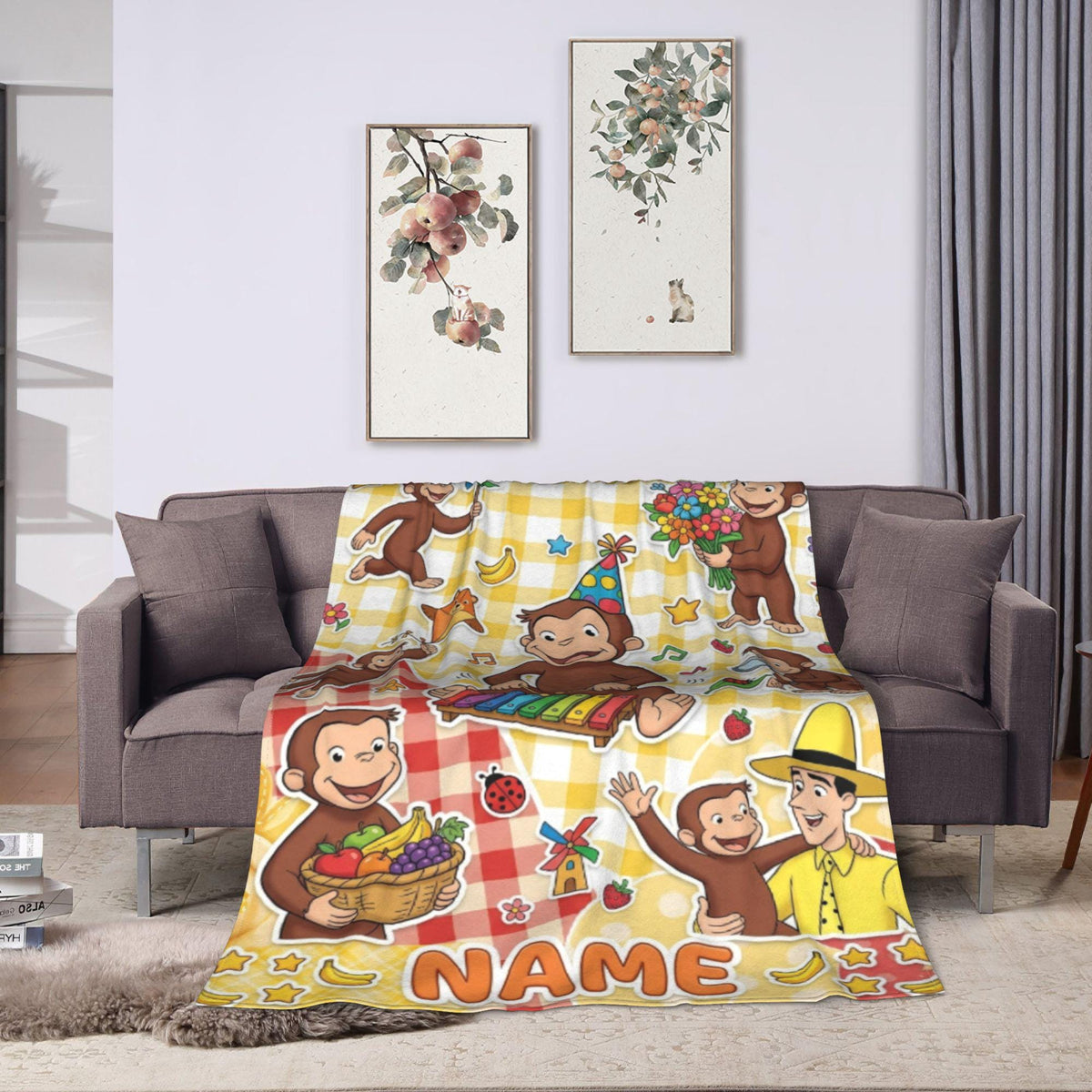 Personalized Curious George Monkey Blanket, Custom Name Music Party Throw