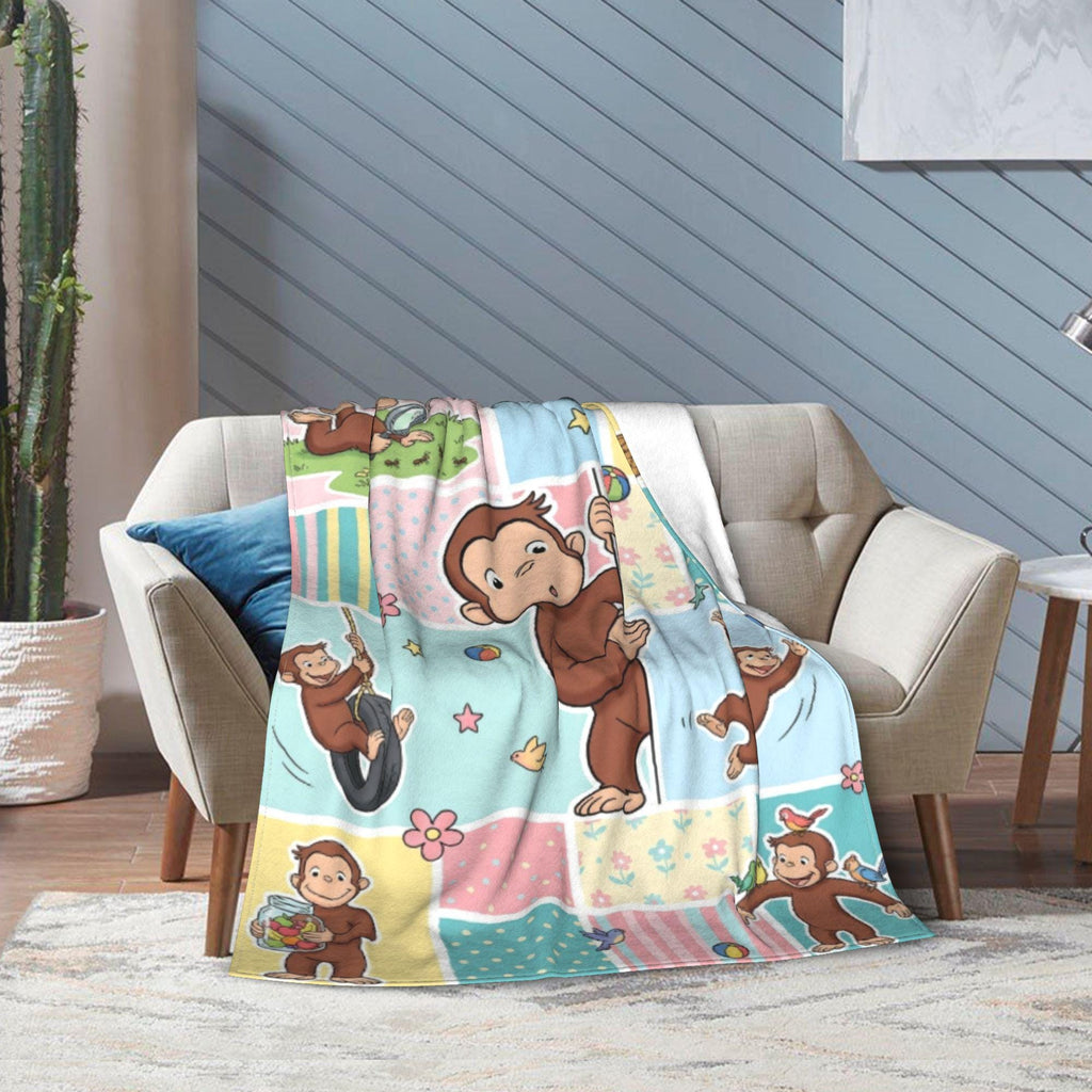 Personalized Curious George Pastel Patchwork Fleece Blanket, Custom Name Throw