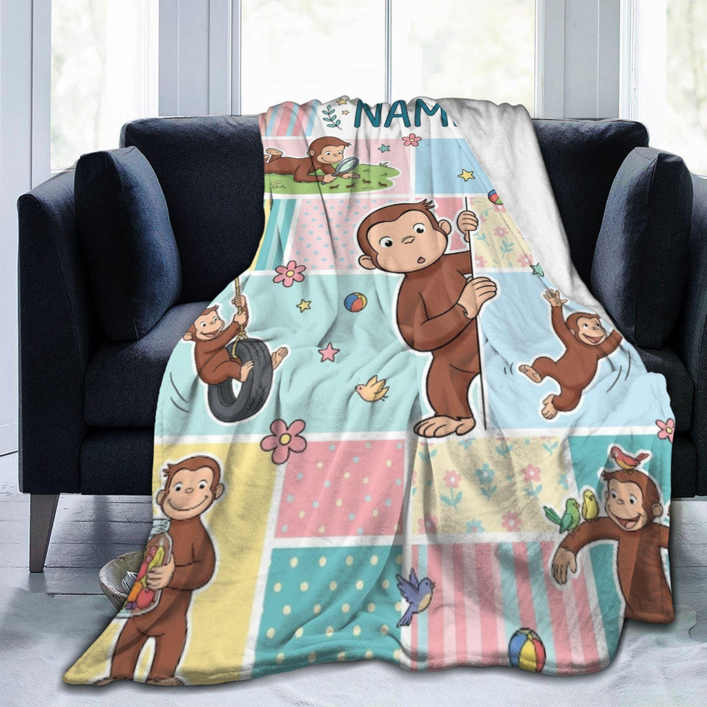 Personalized Curious George Pastel Patchwork Fleece Blanket, Custom Name Throw