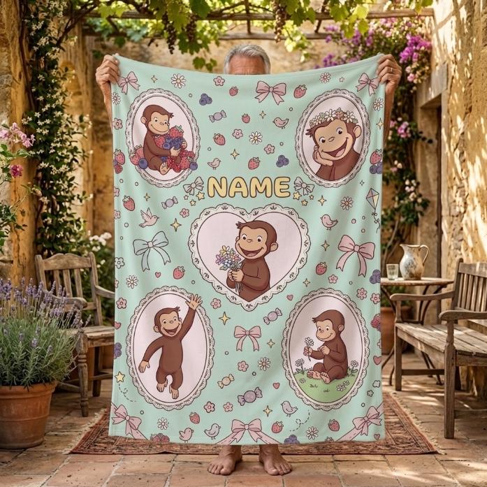 Custom Name Curious George Blanket, Lace Heart Frame Berry Monkey Throw, Mint Green Blanket