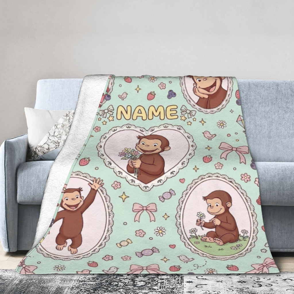 Custom Name Curious George Blanket, Lace Heart Frame Berry Monkey Throw, Mint Green Blanket