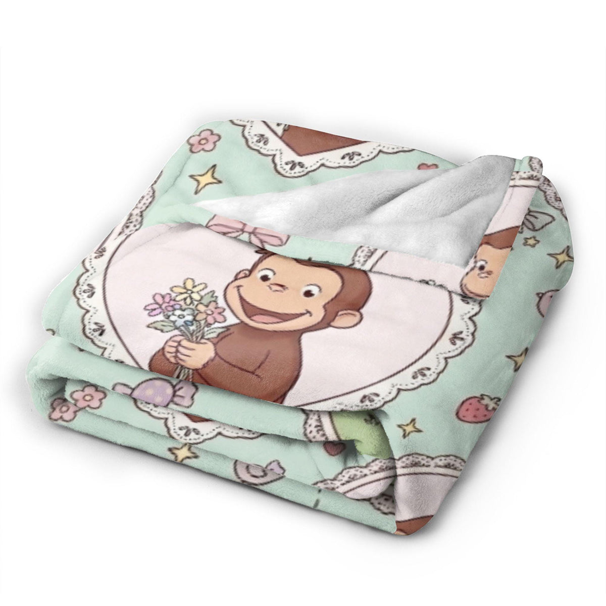 Custom Name Curious George Blanket, Lace Heart Frame Berry Monkey Throw, Mint Green Blanket