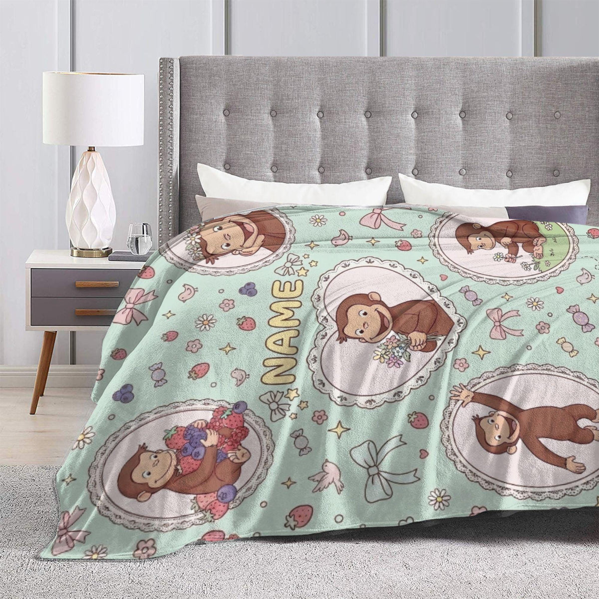 Custom Name Curious George Blanket, Lace Heart Frame Berry Monkey Throw, Mint Green Blanket