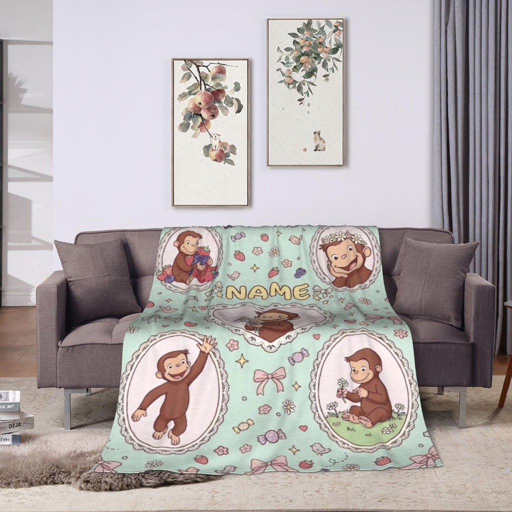Custom Name Curious George Blanket, Lace Heart Frame Berry Monkey Throw, Mint Green Blanket