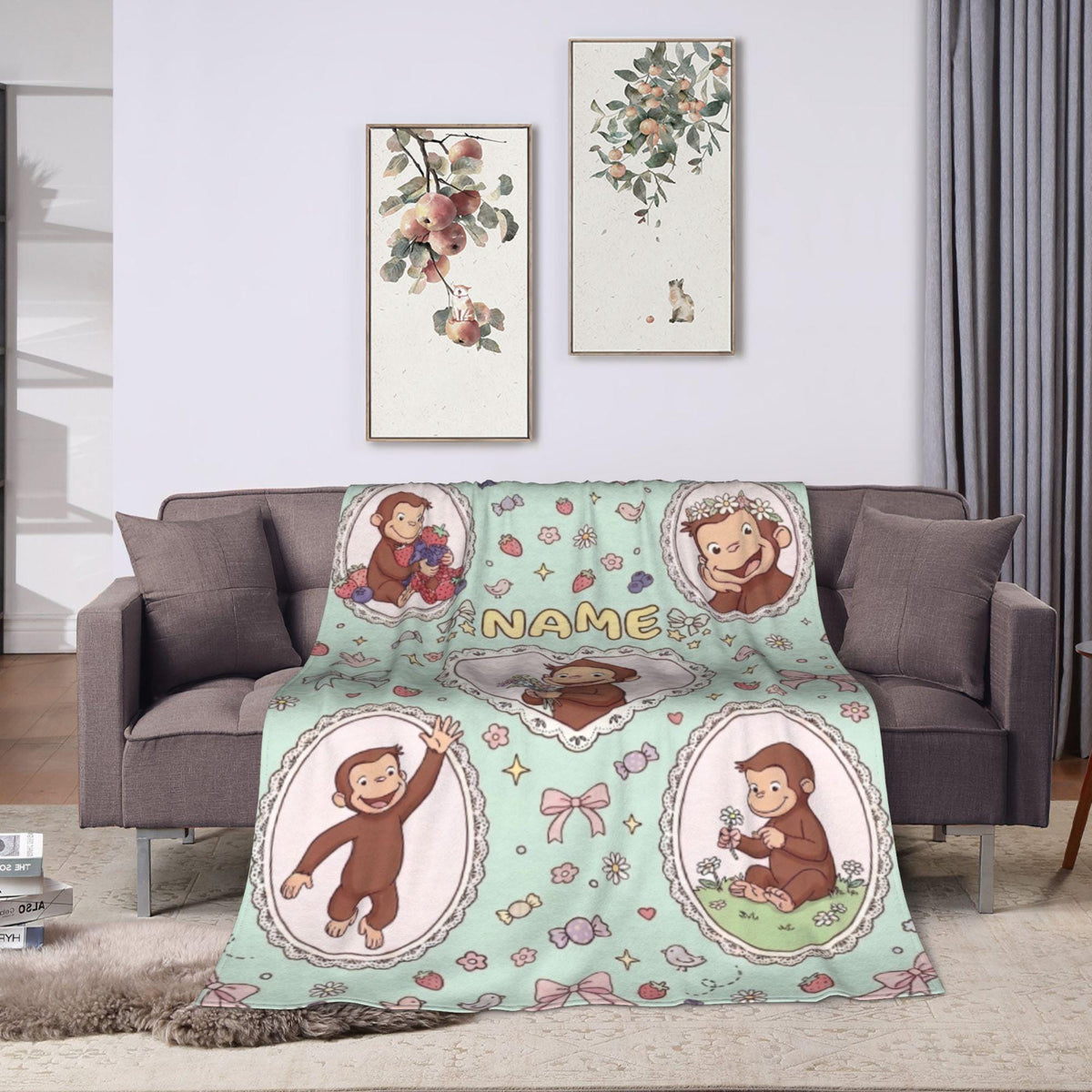 Custom Name Curious George Blanket, Lace Heart Frame Berry Monkey Throw, Mint Green Blanket