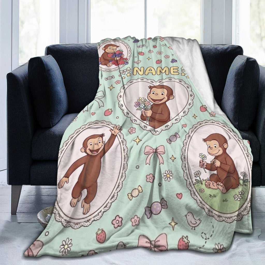 Custom Name Curious George Blanket, Lace Heart Frame Berry Monkey Throw, Mint Green Blanket