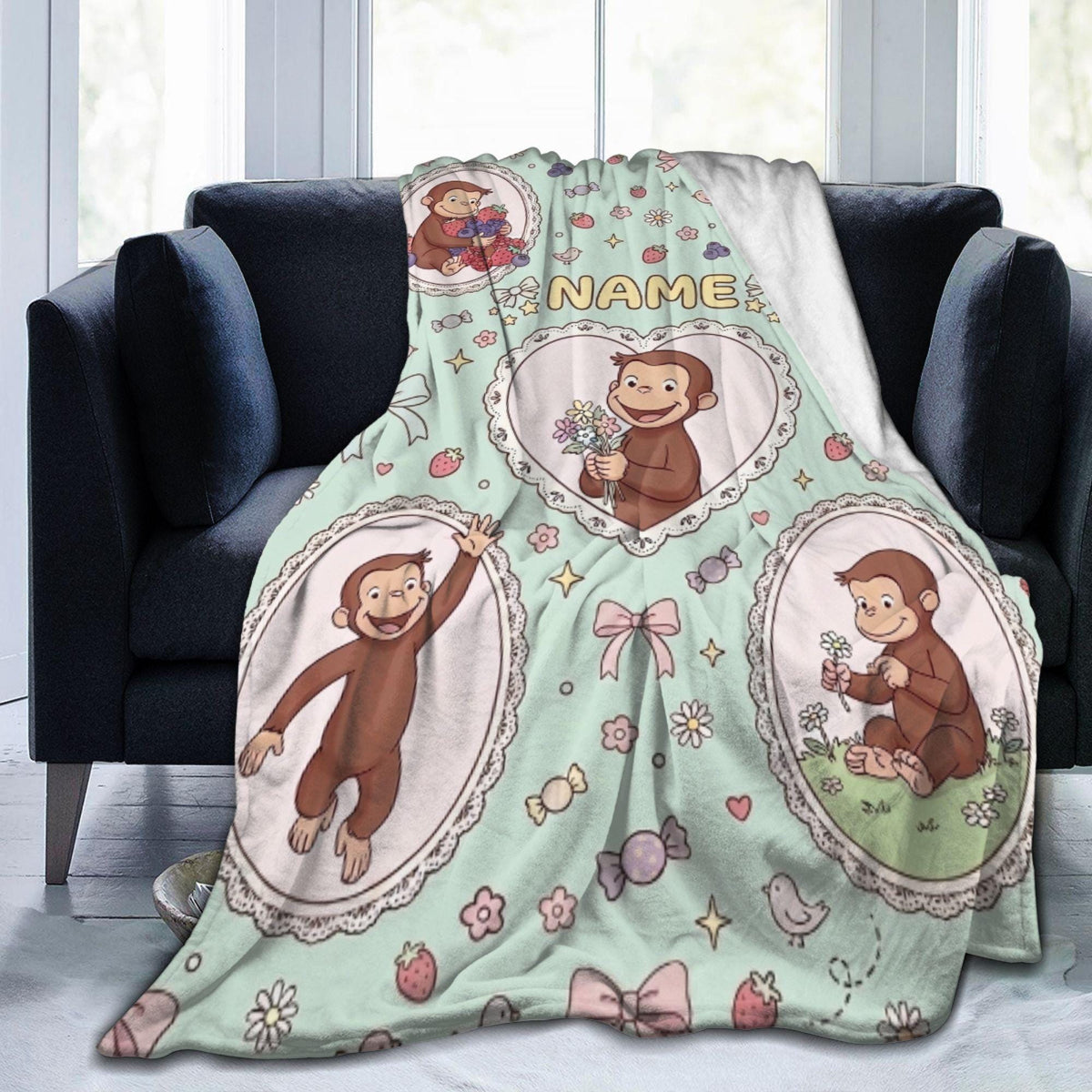 Custom Name Curious George Blanket, Lace Heart Frame Berry Monkey Throw, Mint Green Blanket