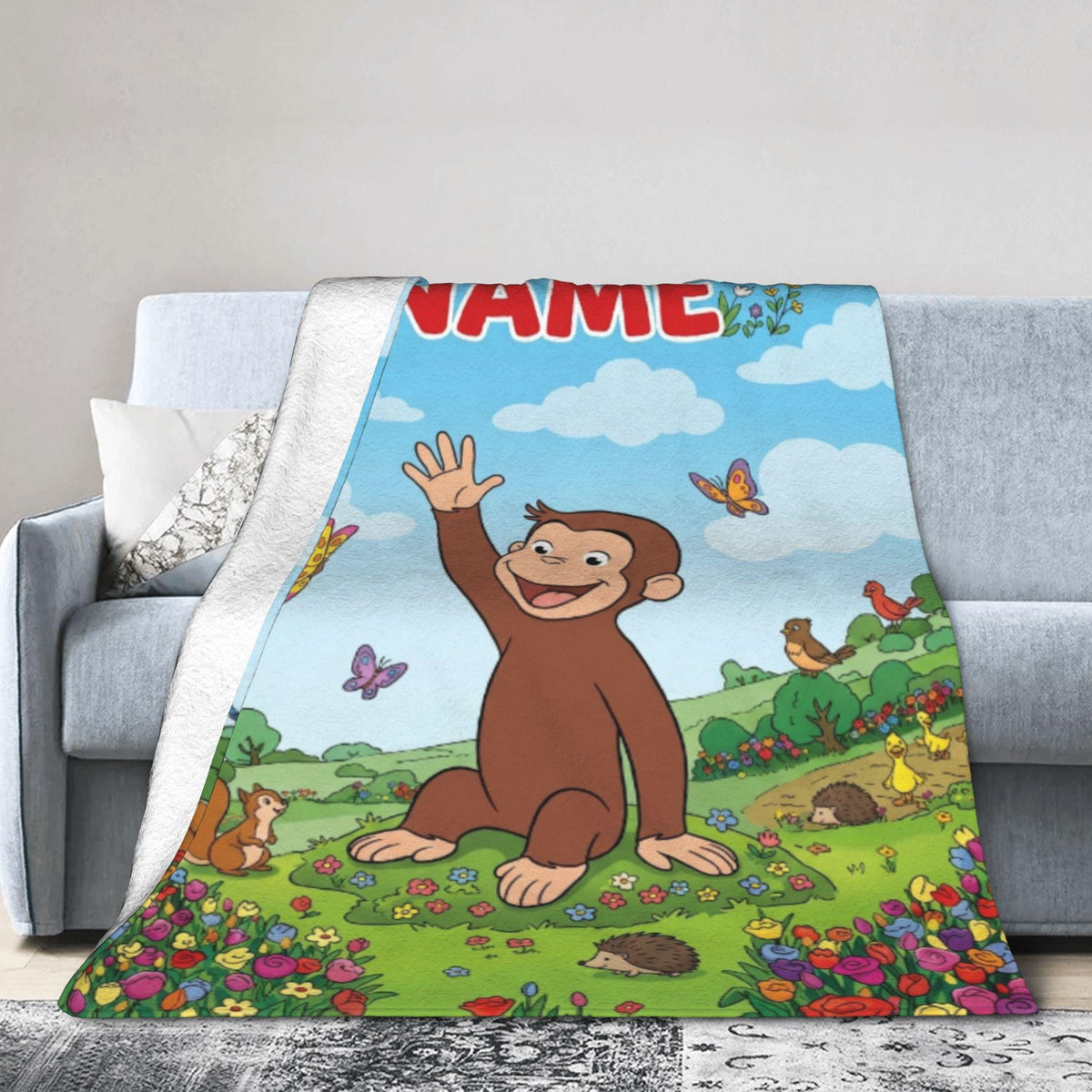 Personalized Curious George Blanket, Custom Name Flower Meadow Throw, Kids Woodland Animal Fleece