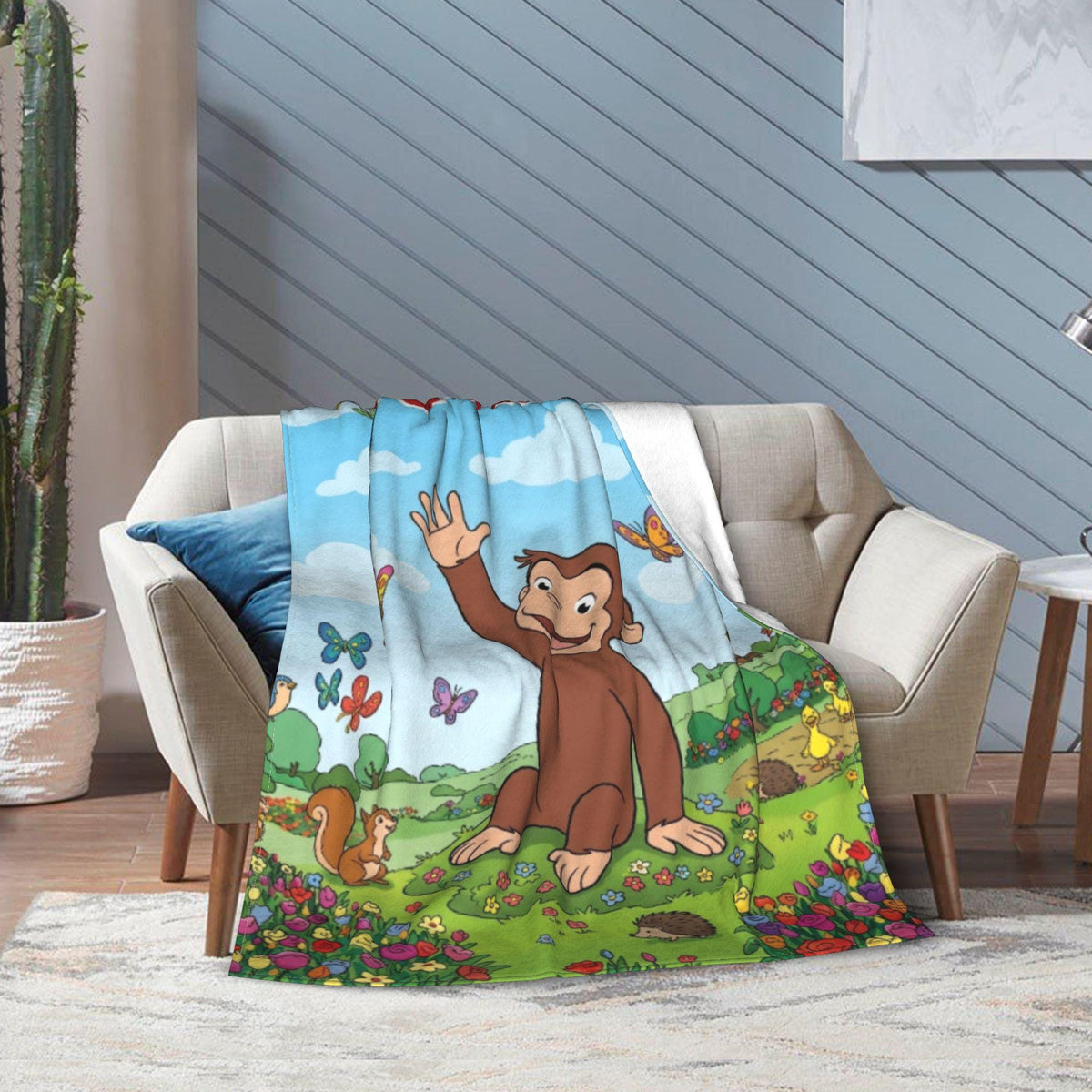 Personalized Curious George Blanket, Custom Name Flower Meadow Throw, Kids Woodland Animal Fleece
