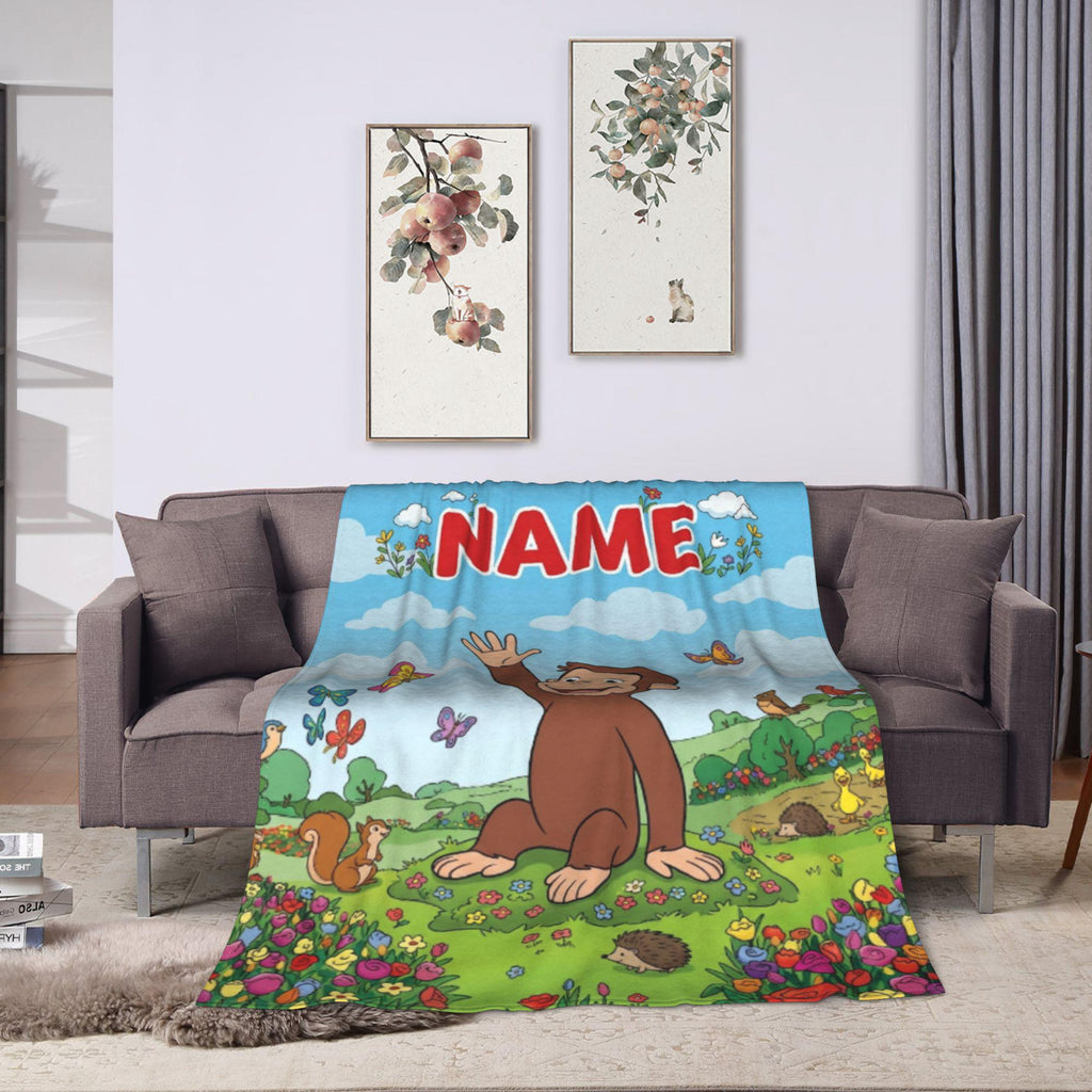 Personalized Curious George Blanket, Custom Name Flower Meadow Throw, Kids Woodland Animal Fleece