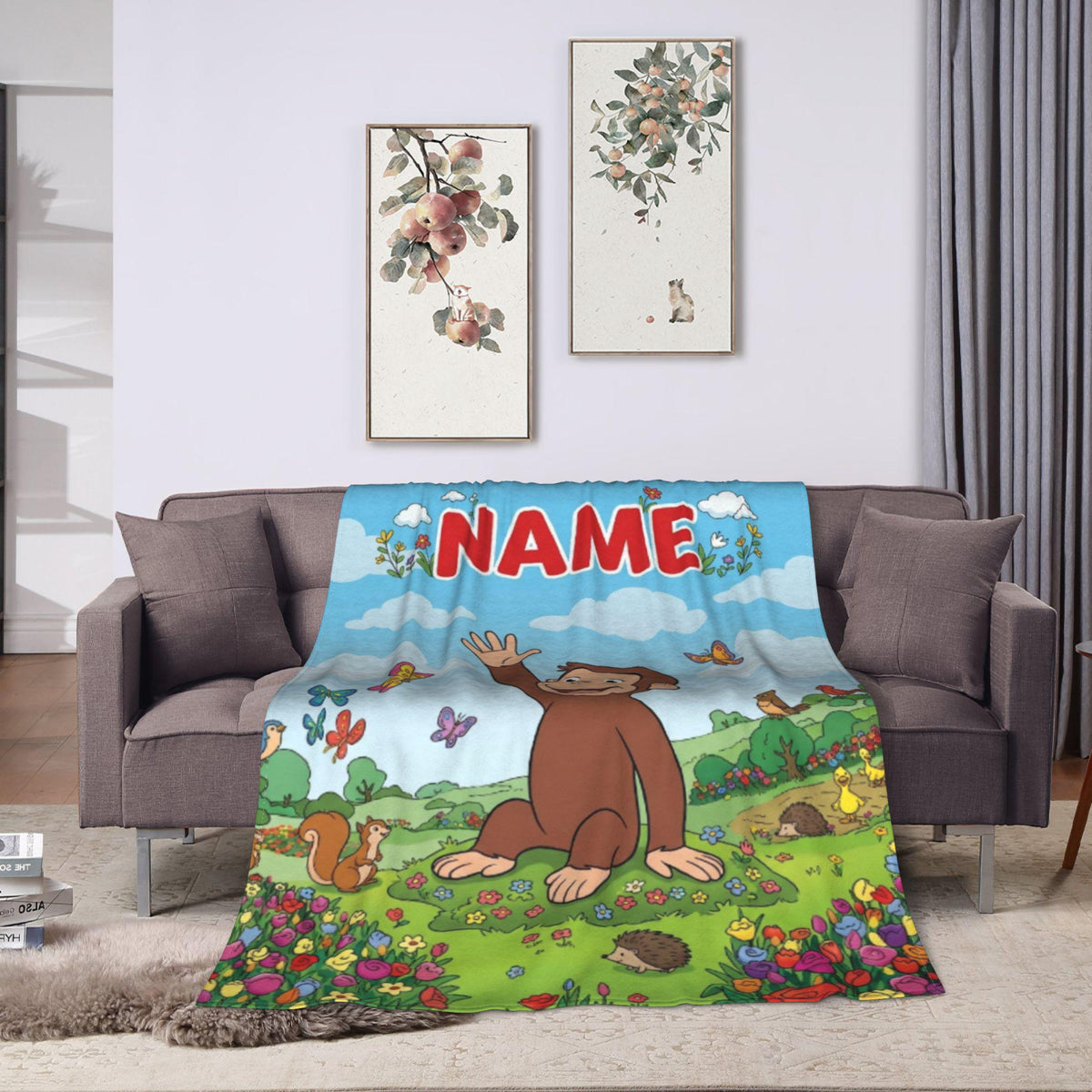 Personalized Curious George Blanket, Custom Name Flower Meadow Throw, Kids Woodland Animal Fleece