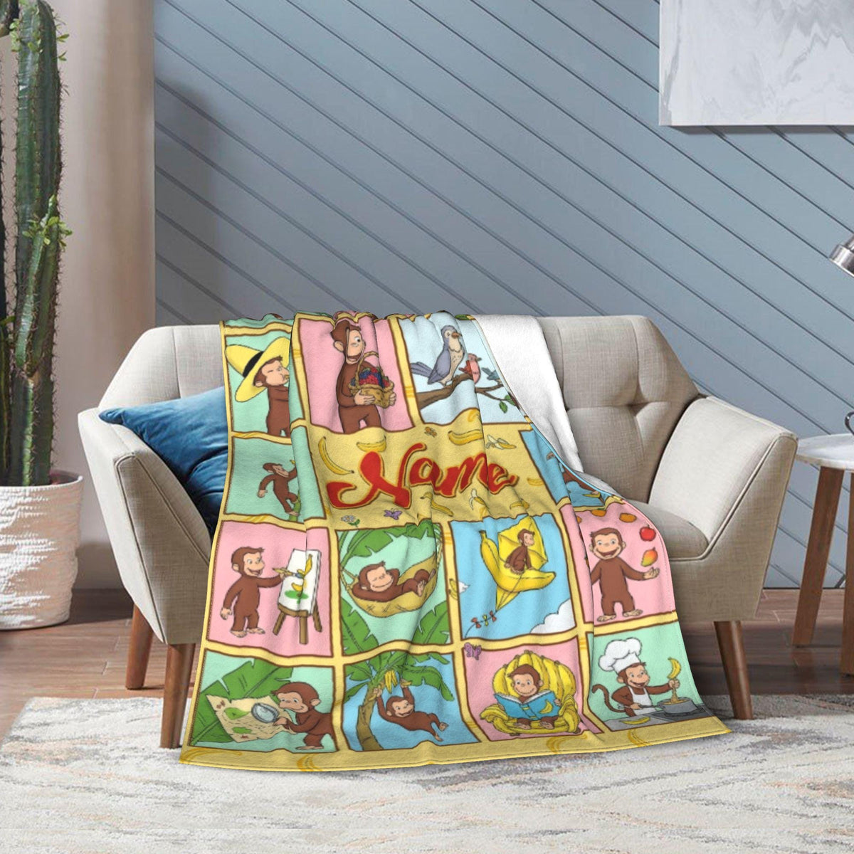 Personalized Curious George Blanket, Custom Name Grid Activity Monkey Throw, Kids Storybook Blanket, Birthday Gift for Boys Girls