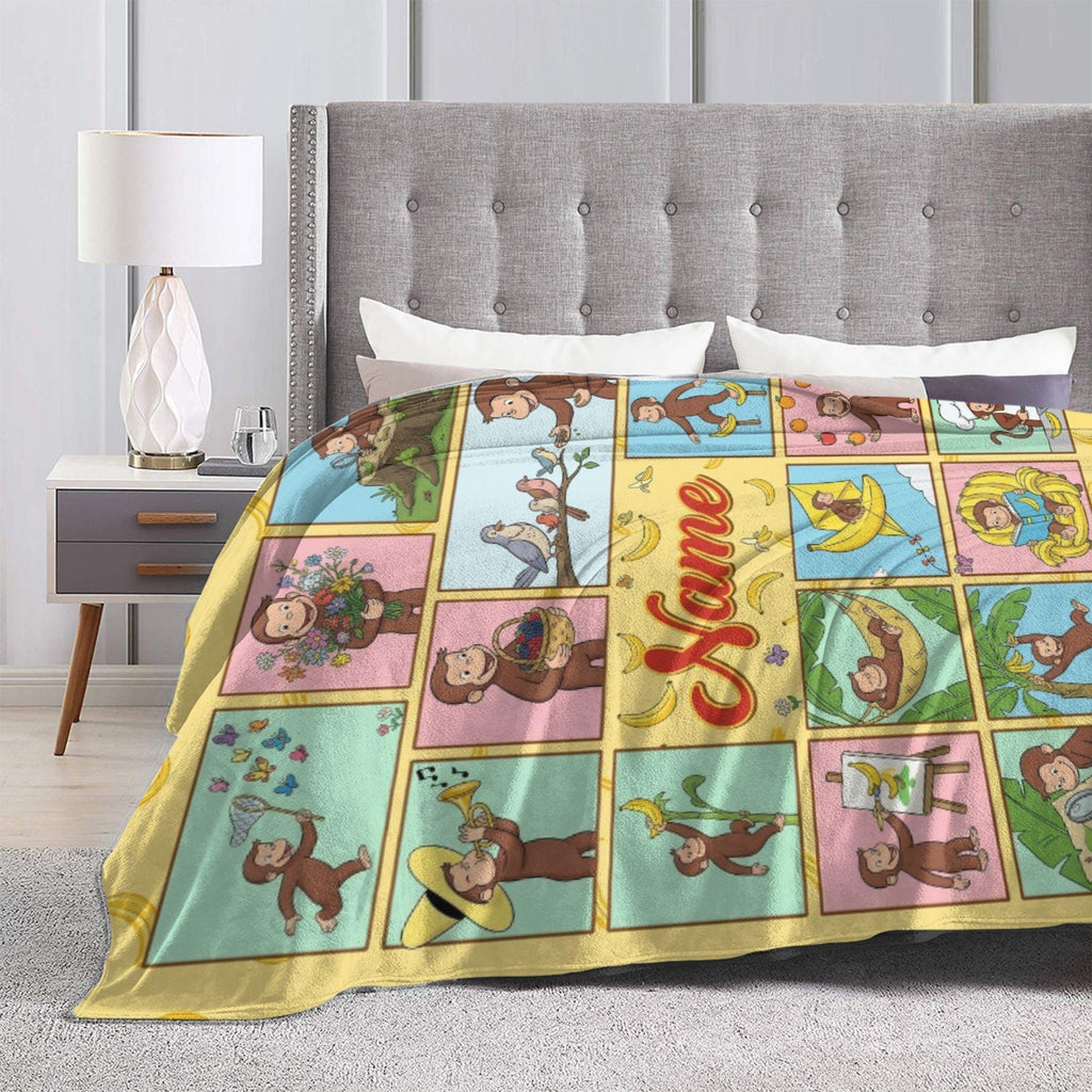 Personalized Curious George Blanket, Custom Name Grid Activity Monkey Throw, Kids Storybook Blanket, Birthday Gift for Boys Girls