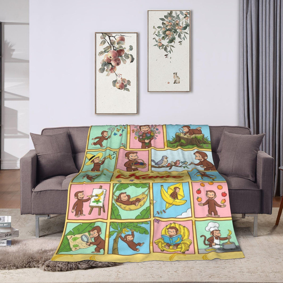 Personalized Curious George Blanket, Custom Name Grid Activity Monkey Throw, Kids Storybook Blanket, Birthday Gift for Boys Girls