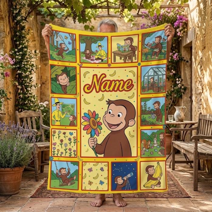 Custom Name Curious George Blanket, Sunflower Center Monkey Throw, Personalized Telescope Stargazing Blanket, Gift for Boys Girls