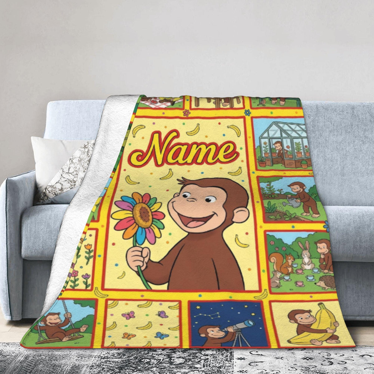 Custom Name Curious George Blanket, Sunflower Center Monkey Throw, Personalized Telescope Stargazing Blanket, Gift for Boys Girls
