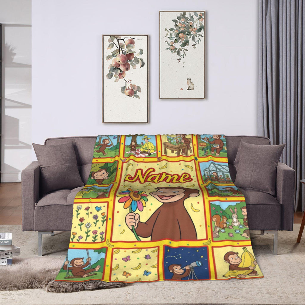 Custom Name Curious George Blanket, Sunflower Center Monkey Throw, Personalized Telescope Stargazing Blanket, Gift for Boys Girls