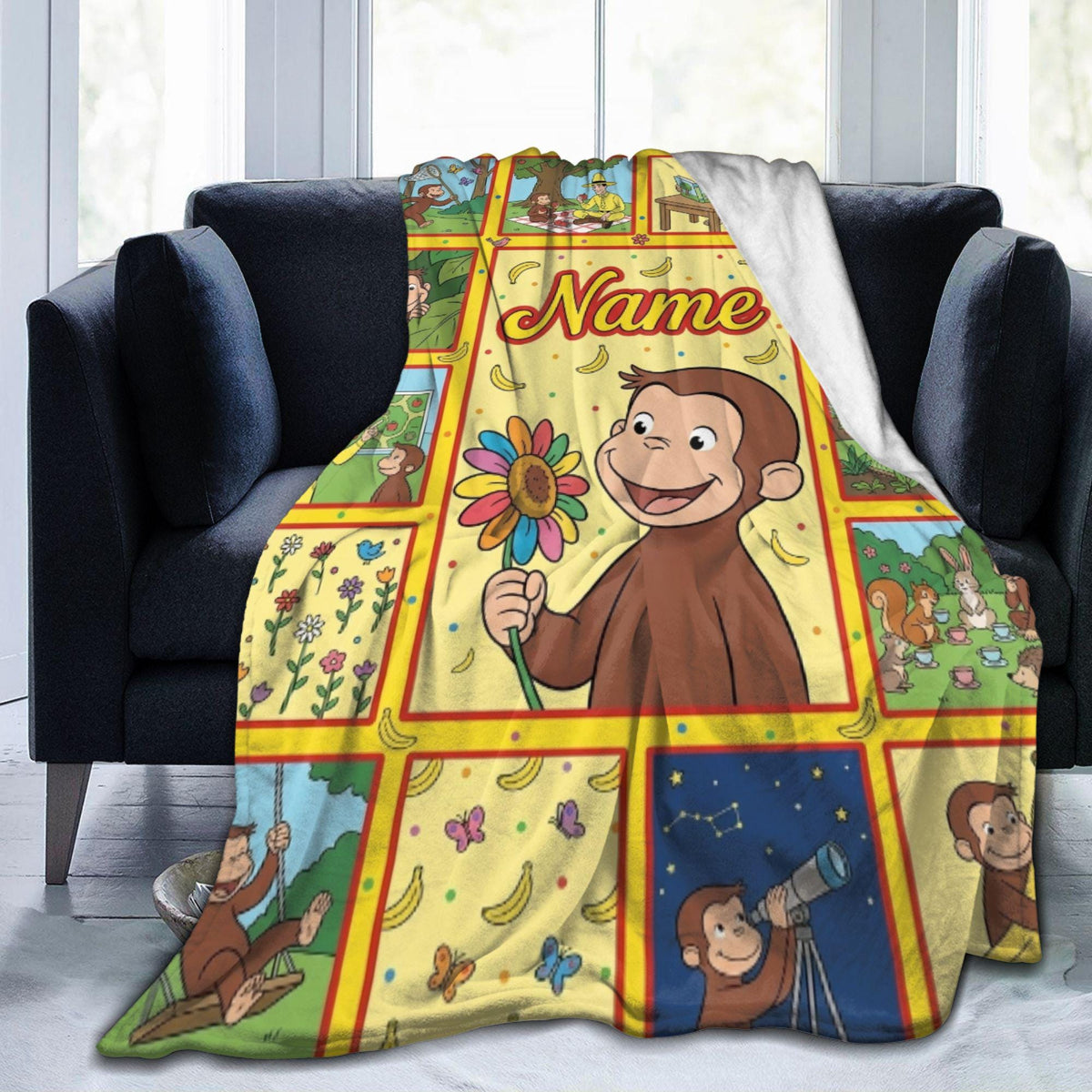 Custom Name Curious George Blanket, Sunflower Center Monkey Throw, Personalized Telescope Stargazing Blanket, Gift for Boys Girls