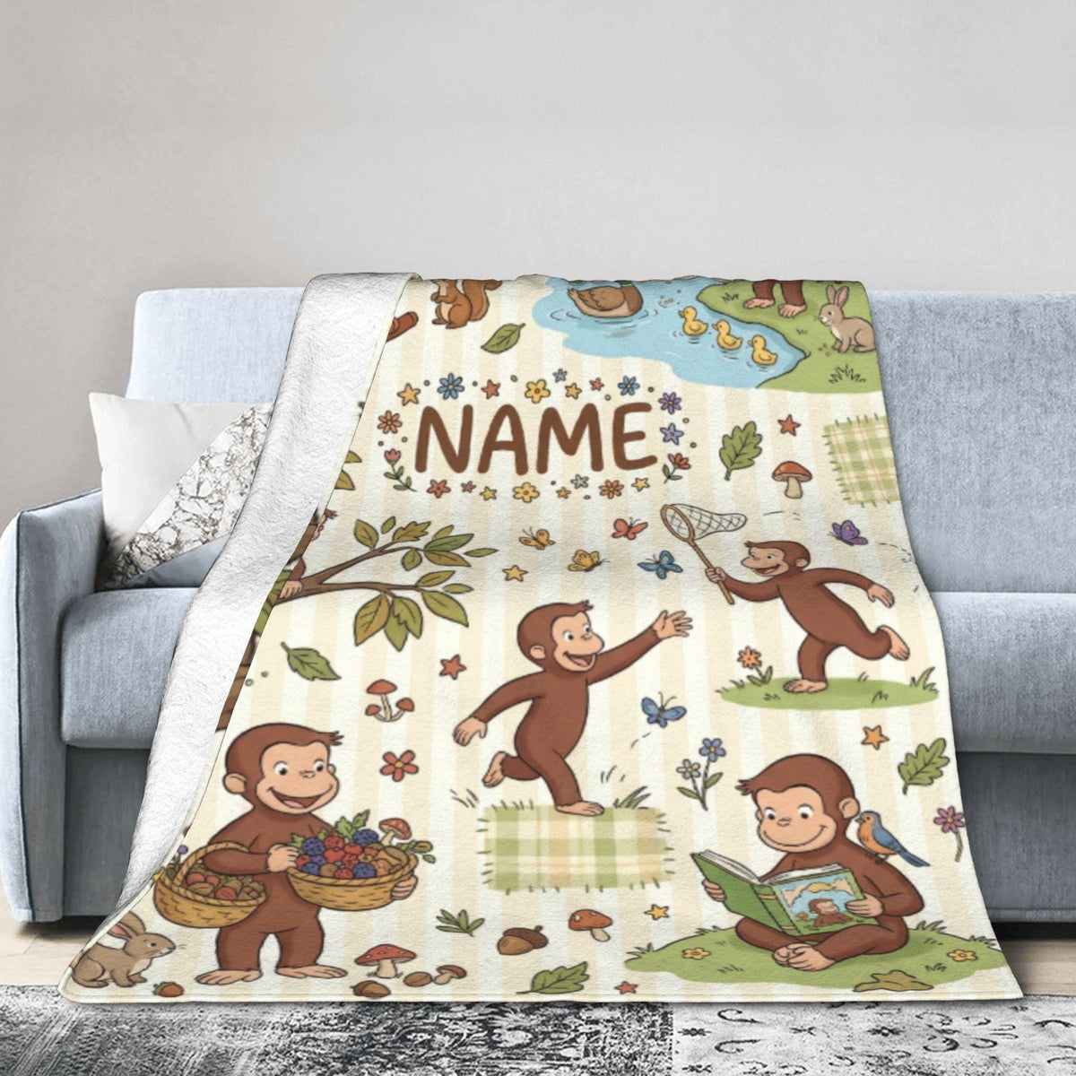Personalized Curious George Blanket, Custom Name Rocking Horse Monkey Throw, Kids Woodland Animal Blanket, Birthday Gift Boys Girls