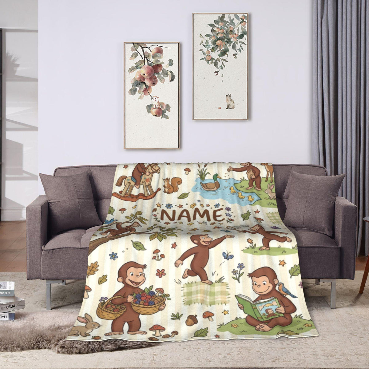 Personalized Curious George Blanket, Custom Name Rocking Horse Monkey Throw, Kids Woodland Animal Blanket, Birthday Gift Boys Girls