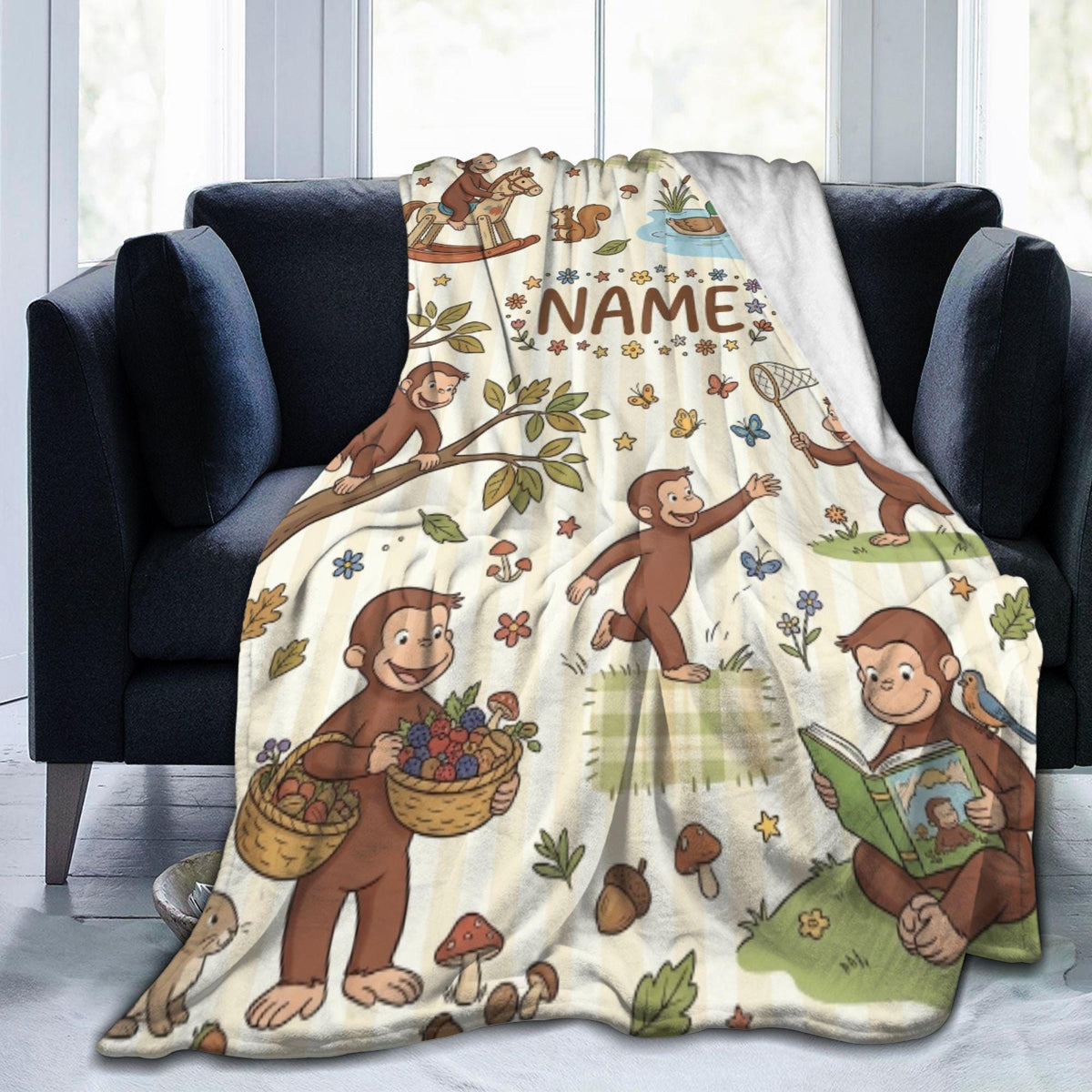 Personalized Curious George Blanket, Custom Name Rocking Horse Monkey Throw, Kids Woodland Animal Blanket, Birthday Gift Boys Girls