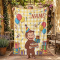 Personalized Curious George Birthday Blanket, Custom Name Party Cake Monkey Throw, Kids Celebration Blanket, Birthday Gift Boys Girls