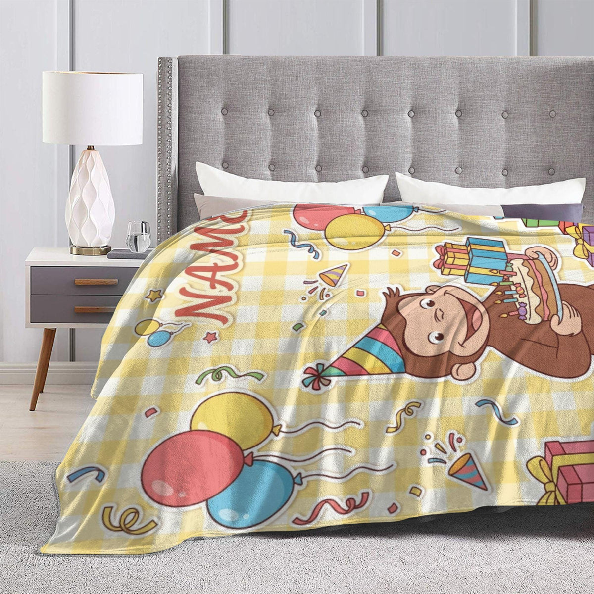 Personalized Curious George Birthday Blanket, Custom Name Party Cake Monkey Throw, Kids Celebration Blanket, Birthday Gift Boys Girls