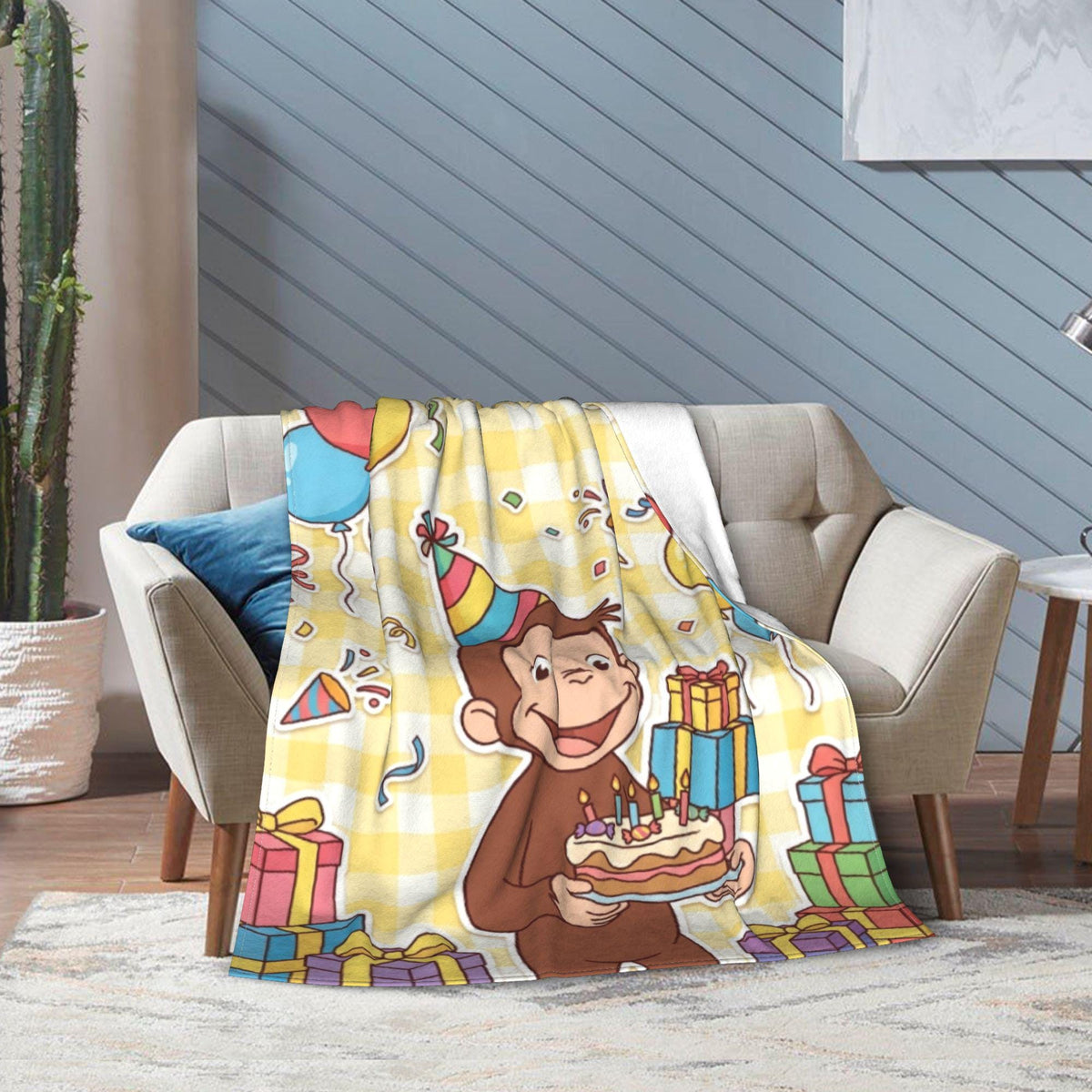 Personalized Curious George Birthday Blanket, Custom Name Party Cake Monkey Throw, Kids Celebration Blanket, Birthday Gift Boys Girls