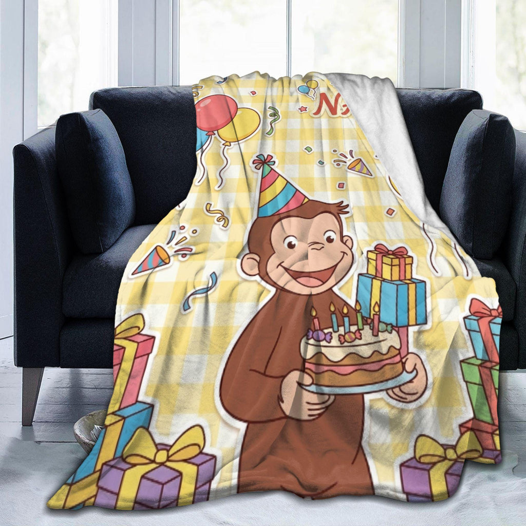 Personalized Curious George Birthday Blanket, Custom Name Party Cake Monkey Throw, Kids Celebration Blanket, Birthday Gift Boys Girls