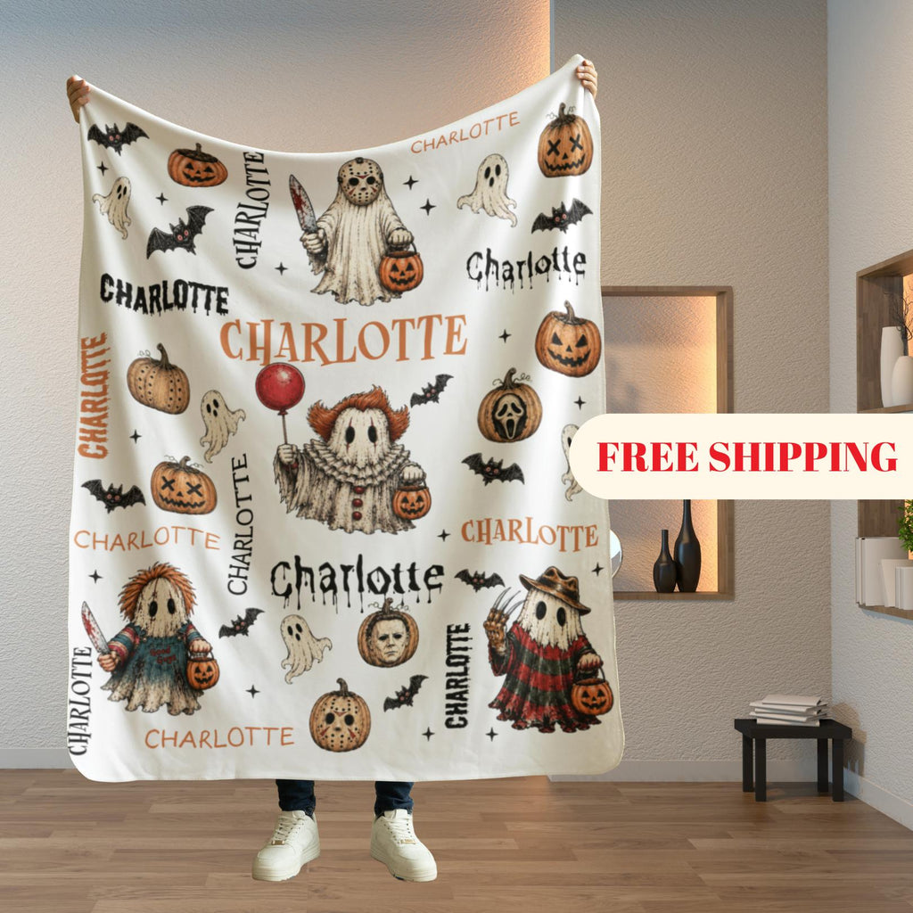 Custom Horror Blanket, Personalized Halloween Name Blanket, Movie Scary Characters Throw, Birthday, Christmas, Thanksgiving Gift for Son Dad