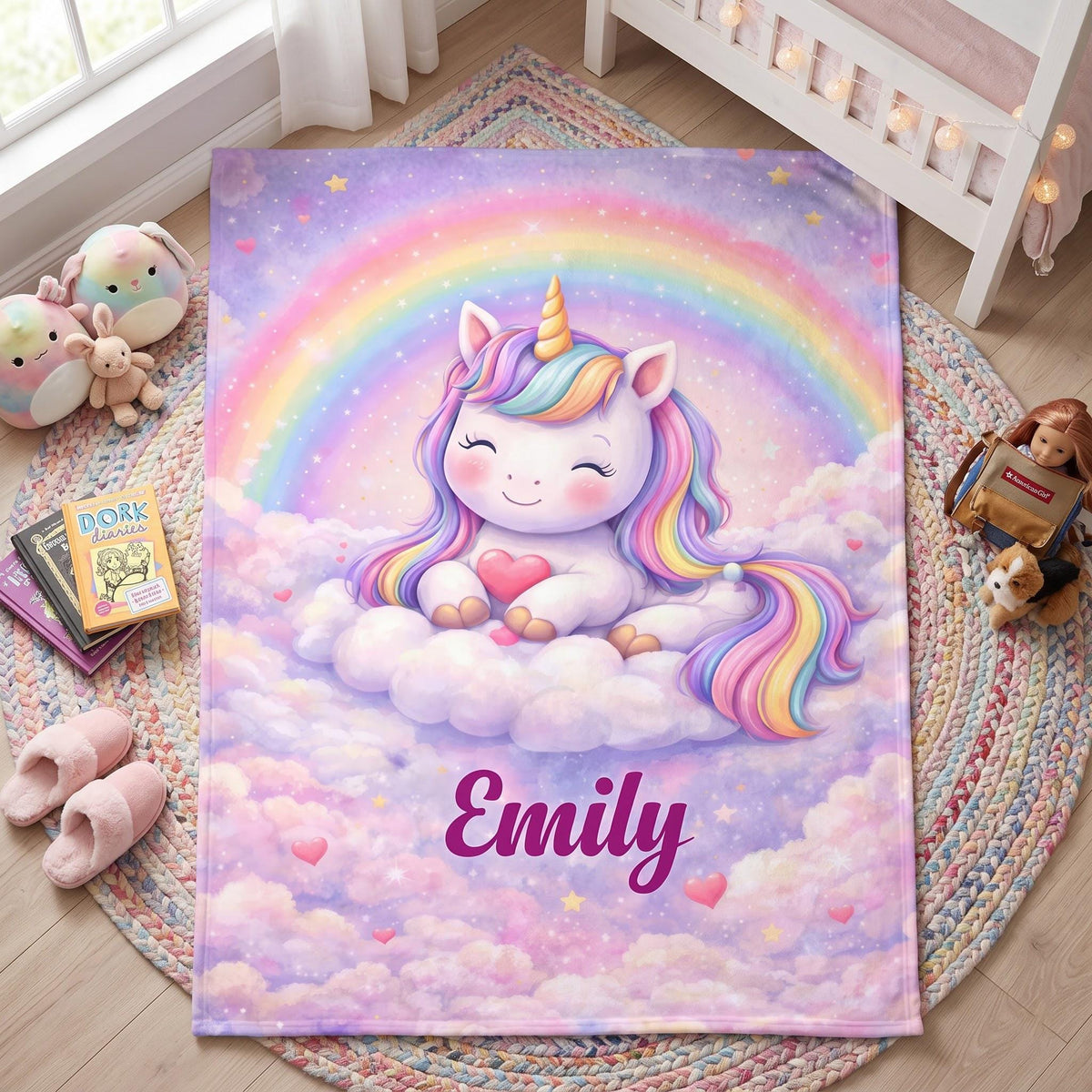 Personalized Unicorn Blanket, Custom Name Rainbow Throw for Girls, Magical Room Decor, Pastel Cloud Blanket, Cute Toddler Gift