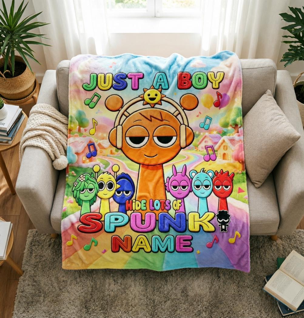 Custom Sprunki Blanket Soft Throw, Personalized Name Cartoon Throw, Children Present
