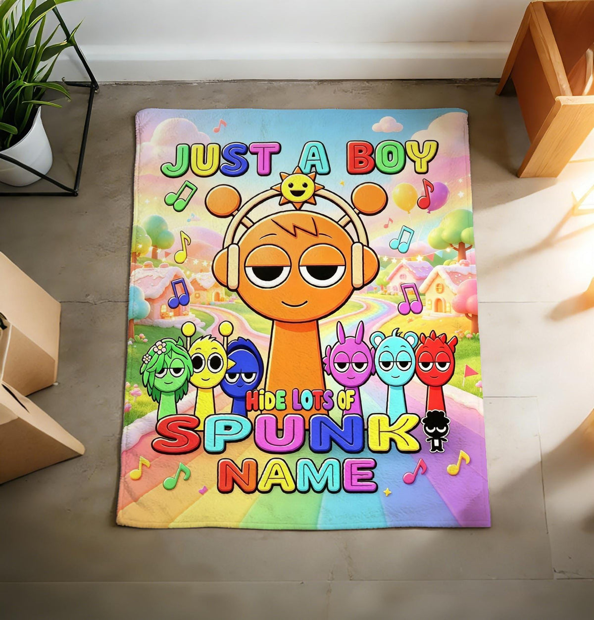Custom Sprunki Blanket Soft Throw, Personalized Name Cartoon Throw, Children Present