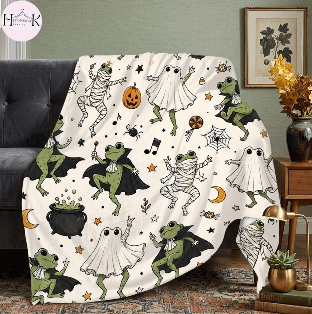 Dancing Frog Halloween Blanket, Cute Ghost Frog Throw Blanket, Funny Spooky Fleece Blanket, Cozy Fall Home Decor, Frog Lover Gift